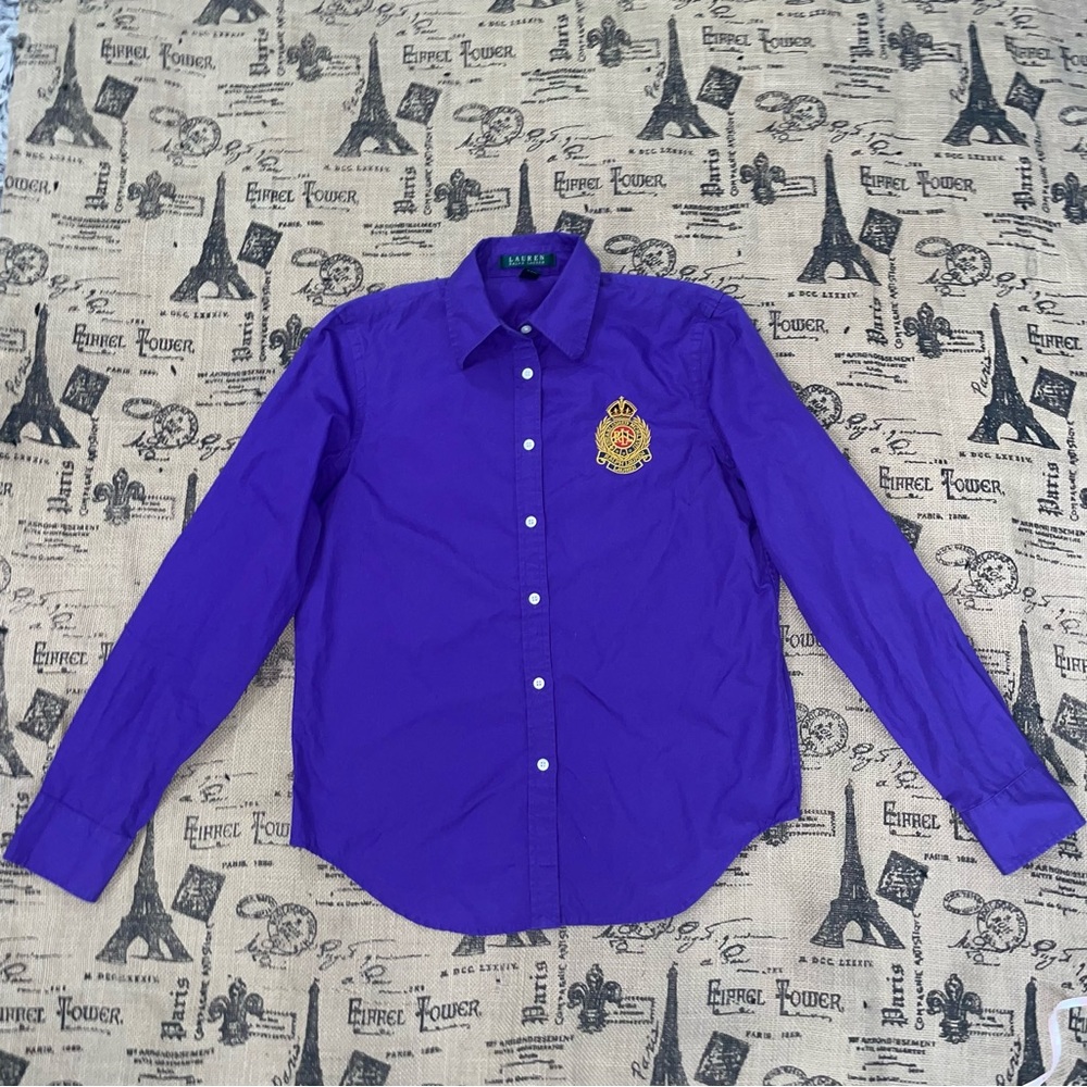 Lauren  Ralph Lauren Womens Purple Crown Embroidery Logo Button-Down Shirt